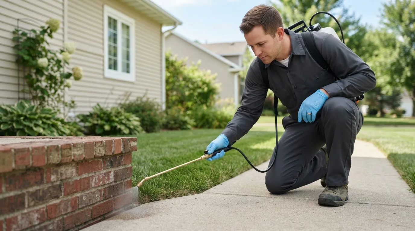 Pest control technician treating a home near Norton, VT